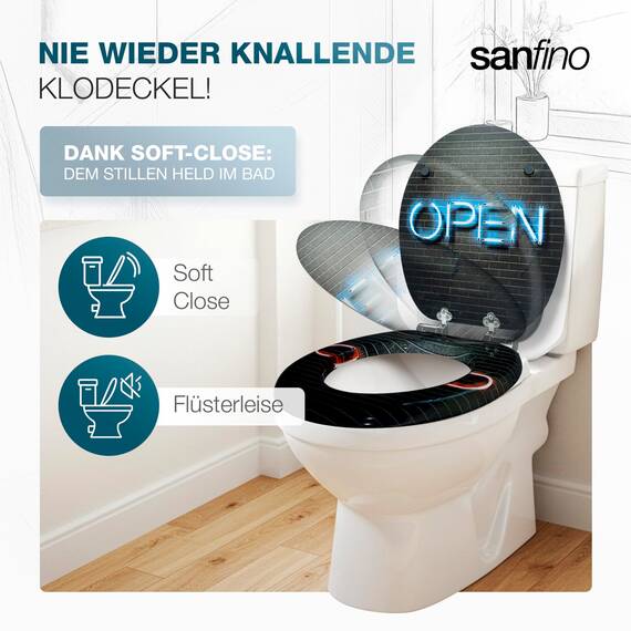 SANFINO® Premium WC Sitz mit Absenkautomatik – hochwertige Toilettendeckel aus Holz, viele bunte Motive, hoher Sitzkomfort, einfache Montage inklusive Montageanleitung – "Open-Closed"