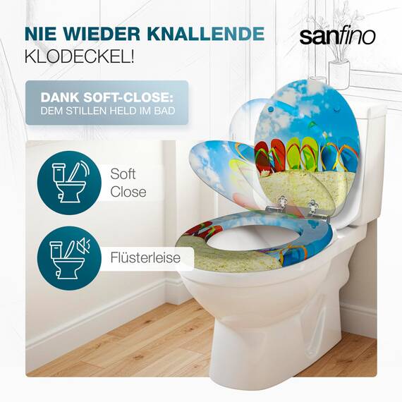 SANFINO® Premium WC Sitz mit Absenkautomatik – hochwertige Toilettendeckel aus Holz, viele bunte Motive, hoher Sitzkomfort, einfache Montage inklusive Montageanleitung – "Flip-Flop"