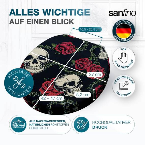 SANFINO® Premium WC Sitz mit Absenkautomatik – hochwertige Toilettendeckel aus Holz, viele bunte Motive, hoher Sitzkomfort, einfache Montage inklusive Montageanleitung – "Rose Skull"