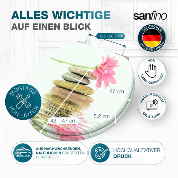 SANFINO® Premium WC Sitz mit Absenkautomatik – hochwertige Toilettendeckel aus Holz, viele bunte Motive, hoher Sitzkomfort, einfache Montage inklusive Montageanleitung – "Gerbera"