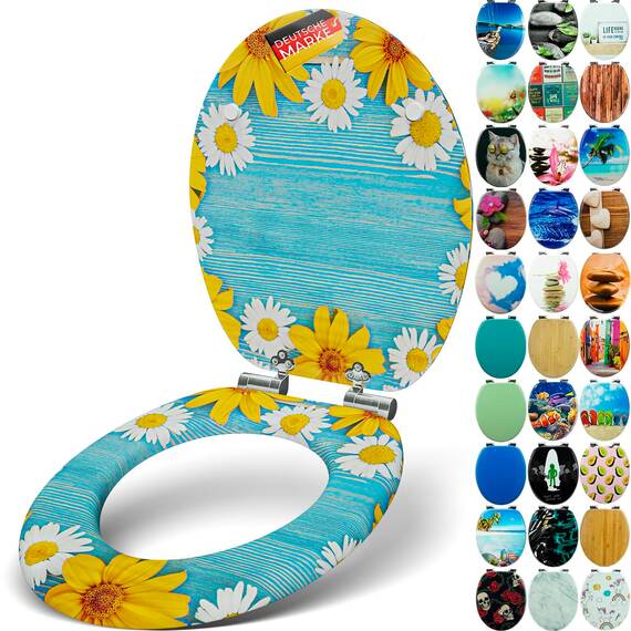 SANFINO® Premium WC Sitz mit Absenkautomatik – hochwertige Toilettendeckel aus Holz, viele bunte Motive, hoher Sitzkomfort, einfache Montage inklusive Montageanleitung – "Daisies"