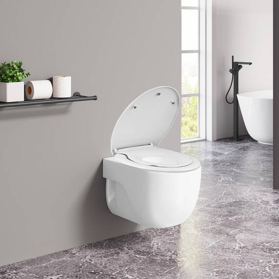 WOLTU Toilettendeckel mit Kindersitz, WC-Sitz mit Absenkautomatik, Toilettensitz für Familie, Klodeckel Klobrille mit Schnellverschluss, Montage von oben, O-Form, Weiß