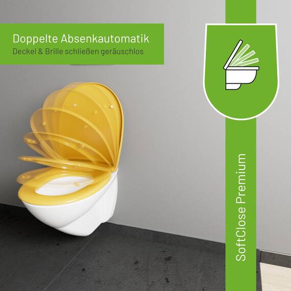 LUVETT® WC-Sitz mit Absenkautomatik C100 oval universell, Toilettendeckel mit 3 Edelstahl Montagelösungen, Klodeckel abnehmbar, Farbe:Curry Gelb