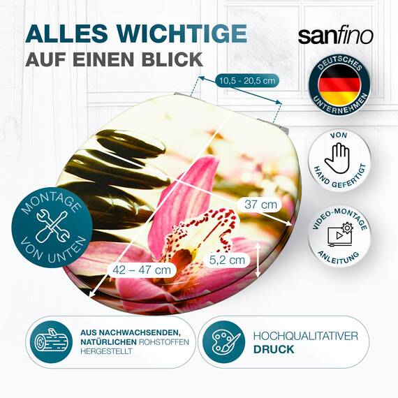 SANFINO® Premium WC Sitz mit Absenkautomatik – hochwertige Toilettendeckel aus Holz, viele bunte Motive, hoher Sitzkomfort, einfache Montage inklusive Montageanleitung – "Pink Flower"