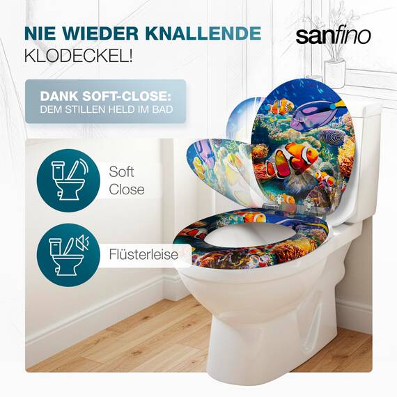 SANFINO® Premium WC Sitz mit Absenkautomatik – hochwertige Toilettendeckel aus Holz, viele bunte Motive, hoher Sitzkomfort, einfache Montage inklusive Montageanleitung – "Nemo"