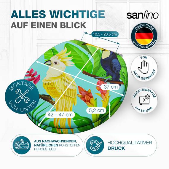 SANFINO® Premium WC Sitz mit Absenkautomatik – hochwertige Toilettendeckel aus Holz, viele bunte Motive, hoher Sitzkomfort, einfache Montage inklusive Montageanleitung – "Tropical Bird"