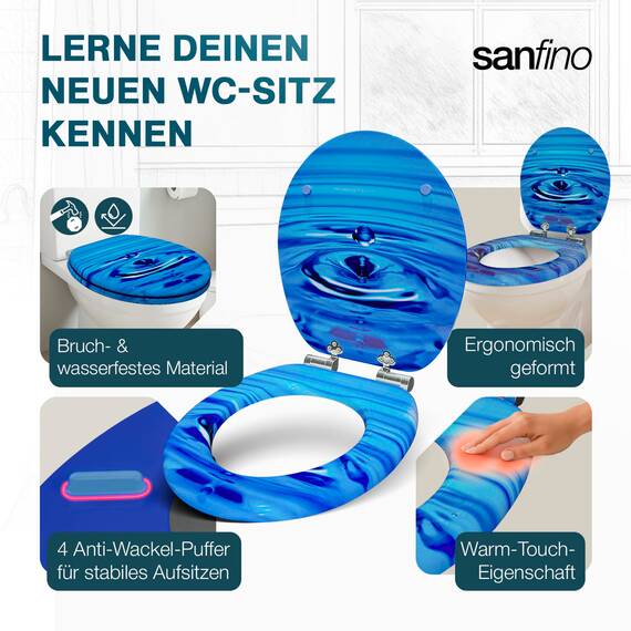 SANFINO® Premium WC Sitz mit Absenkautomatik – hochwertige Toilettendeckel aus Holz, viele bunte Motive, hoher Sitzkomfort, einfache Montage inklusive Montageanleitung – "Waterdrop"