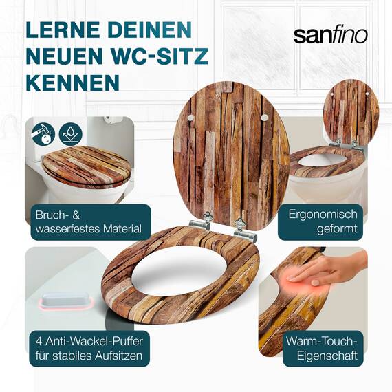 SANFINO® Premium WC Sitz mit Absenkautomatik – hochwertige Toilettendeckel aus Holz, viele bunte Motive, hoher Sitzkomfort, einfache Montage inklusive Montageanleitung – "Industrial Wood"