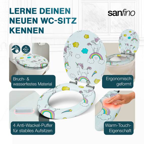 SANFINO® Premium WC Sitz mit Absenkautomatik – hochwertige Toilettendeckel aus Holz, viele bunte Motive, hoher Sitzkomfort, einfache Montage inklusive Montageanleitung – "Unicorns"