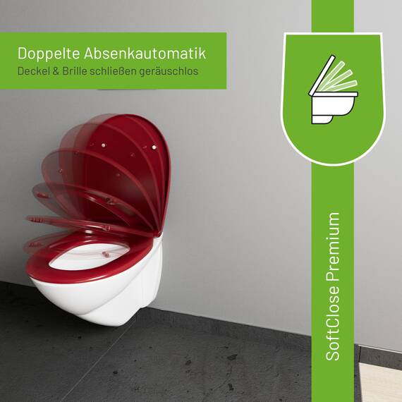 LUVETT® WC-Sitz mit Absenkautomatik C100 oval universell, Toilettendeckel mit 3 Edelstahl Montagelösungen, Klodeckel abnehmbar, Farbe:Bordeaux Rot