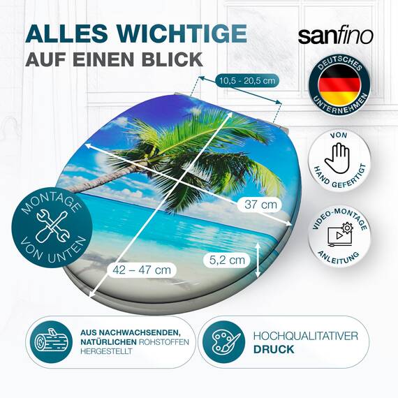 SANFINO® Premium WC Sitz mit Absenkautomatik – hochwertige Toilettendeckel aus Holz, viele bunte Motive, hoher Sitzkomfort, einfache Montage inklusive Montageanleitung – "Palm"