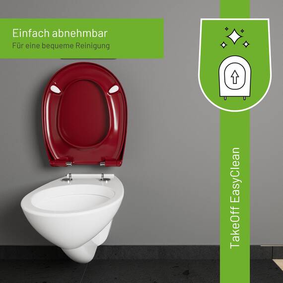LUVETT® WC-Sitz mit Absenkautomatik C100 oval universell, Toilettendeckel mit 3 Edelstahl Montagelösungen, Klodeckel abnehmbar, Farbe:Bordeaux Rot
