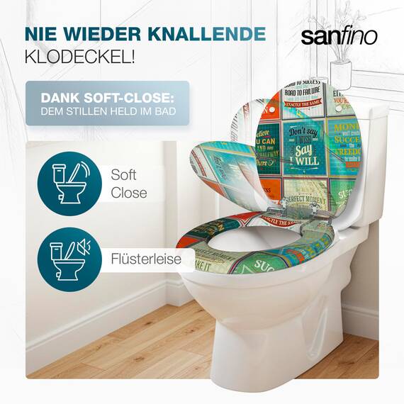 SANFINO® Premium WC Sitz mit Absenkautomatik – hochwertige Toilettendeckel aus Holz, viele bunte Motive, hoher Sitzkomfort, einfache Montage inklusive Montageanleitung – "Old School"