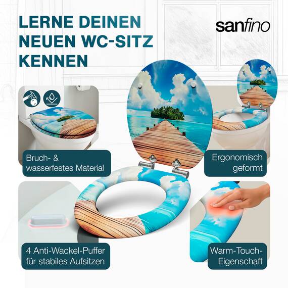 SANFINO® Premium WC Sitz mit Absenkautomatik – hochwertige Toilettendeckel aus Holz, viele bunte Motive, hoher Sitzkomfort, einfache Montage inklusive Montageanleitung – "Island Path"
