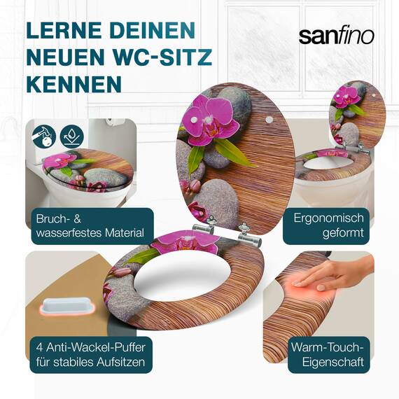 SANFINO® Premium WC Sitz mit Absenkautomatik – hochwertige Toilettendeckel aus Holz, viele bunte Motive, hoher Sitzkomfort, einfache Montage inklusive Montageanleitung – "Orchid"
