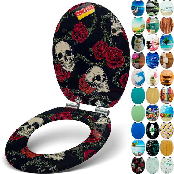 SANFINO® Premium WC Sitz mit Absenkautomatik – hochwertige Toilettendeckel aus Holz, viele bunte Motive, hoher Sitzkomfort, einfache Montage inklusive Montageanleitung – "Rose Skull"