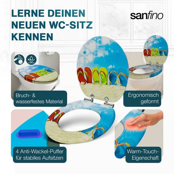 SANFINO® Premium WC Sitz mit Absenkautomatik – hochwertige Toilettendeckel aus Holz, viele bunte Motive, hoher Sitzkomfort, einfache Montage inklusive Montageanleitung – "Flip-Flop"