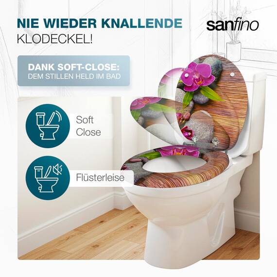 SANFINO® Premium WC Sitz mit Absenkautomatik – hochwertige Toilettendeckel aus Holz, viele bunte Motive, hoher Sitzkomfort, einfache Montage inklusive Montageanleitung – "Orchid"