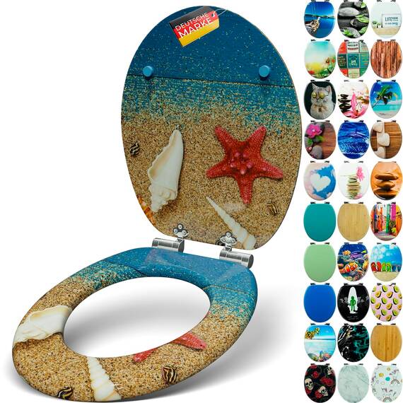 SANFINO® Premium WC Sitz mit Absenkautomatik – hochwertige Toilettendeckel aus Holz, viele bunte Motive, hoher Sitzkomfort, einfache Montage inklusive Montageanleitung – "Red Star"