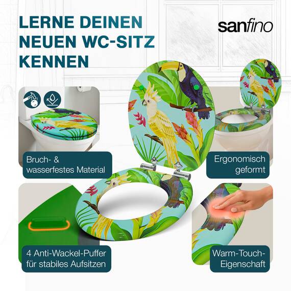 SANFINO® Premium WC Sitz mit Absenkautomatik – hochwertige Toilettendeckel aus Holz, viele bunte Motive, hoher Sitzkomfort, einfache Montage inklusive Montageanleitung – "Tropical Bird"