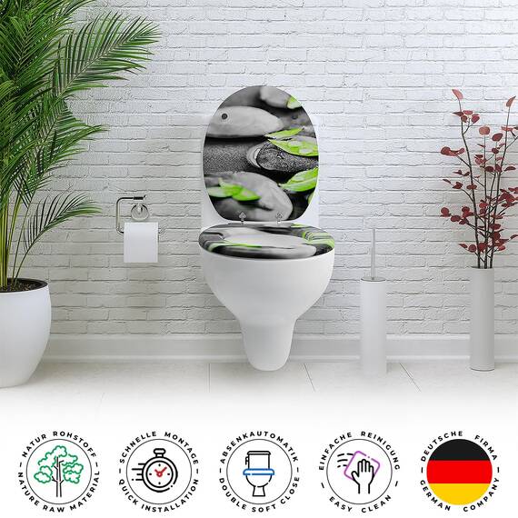 SANFINO® Premium WC Sitz mit Absenkautomatik – hochwertige Toilettendeckel aus Holz, viele bunte Motive, hoher Sitzkomfort, einfache Montage inklusive Montageanleitung – "Rocks"