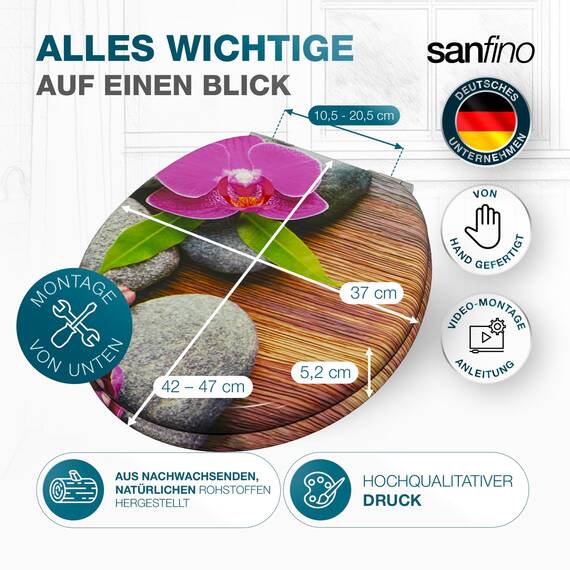 SANFINO® Premium WC Sitz mit Absenkautomatik – hochwertige Toilettendeckel aus Holz, viele bunte Motive, hoher Sitzkomfort, einfache Montage inklusive Montageanleitung – "Orchid"