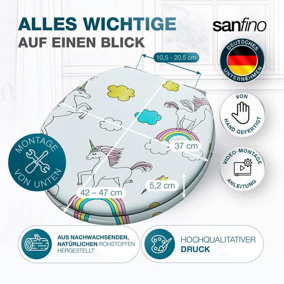 SANFINO® Premium WC Sitz mit Absenkautomatik – hochwertige Toilettendeckel aus Holz, viele bunte Motive, hoher Sitzkomfort, einfache Montage inklusive Montageanleitung – "Unicorns"