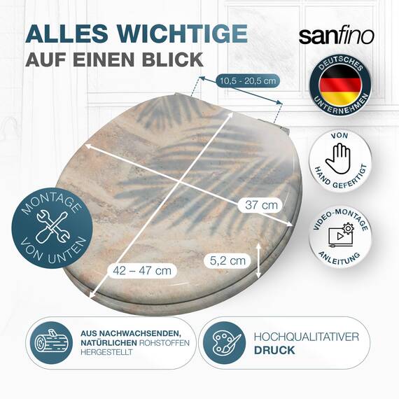 SANFINO® Premium WC Sitz mit Absenkautomatik – hochwertige Toilettendeckel aus Holz, viele bunte Motive, hoher Sitzkomfort, einfache Montage inklusive Montageanleitung – "Sand"