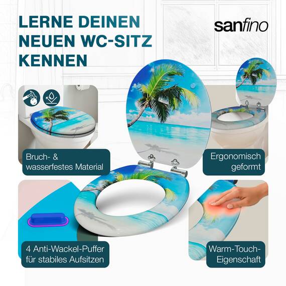 SANFINO® Premium WC Sitz mit Absenkautomatik – hochwertige Toilettendeckel aus Holz, viele bunte Motive, hoher Sitzkomfort, einfache Montage inklusive Montageanleitung – "Palm"