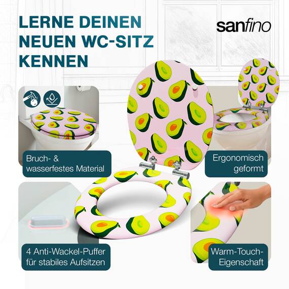 SANFINO® Premium WC Sitz mit Absenkautomatik – hochwertige Toilettendeckel aus Holz, viele bunte Motive, hoher Sitzkomfort, einfache Montage inklusive Montageanleitung – "Pink Avocado"