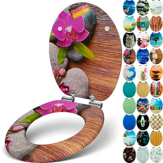 SANFINO® Premium WC Sitz mit Absenkautomatik – hochwertige Toilettendeckel aus Holz, viele bunte Motive, hoher Sitzkomfort, einfache Montage inklusive Montageanleitung – "Orchid"