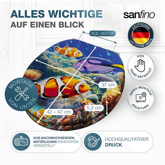 SANFINO® Premium WC Sitz mit Absenkautomatik – hochwertige Toilettendeckel aus Holz, viele bunte Motive, hoher Sitzkomfort, einfache Montage inklusive Montageanleitung – "Nemo"