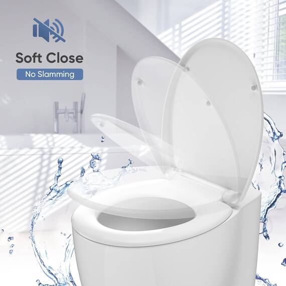Toilettensitz, Soft Close Toilettensitze mit rutschfesten Sitzstoßstangen und Metallschrauben, passend für Standard-Rund-WC, Schnellverschluss, kein Slamme, Weiß - O Form