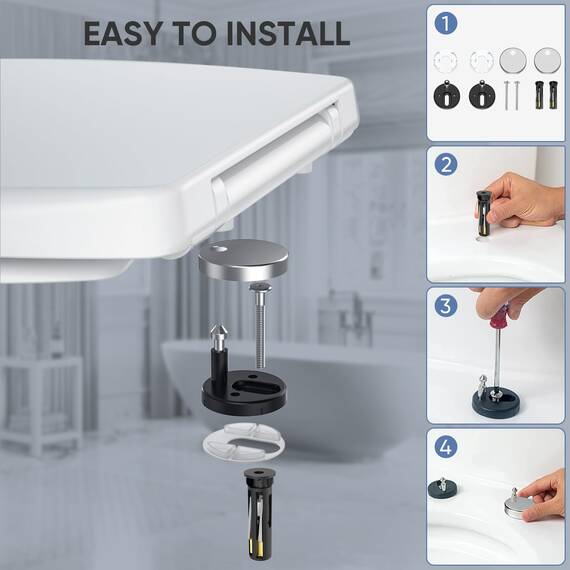 Toilettensitz, Soft Close Toilettensitze mit rutschfesten Sitzstoßstangen und Metallschrauben, passend für Standard-Rund-WC, Schnellverschluss, kein Slamme, Weiß - O Form