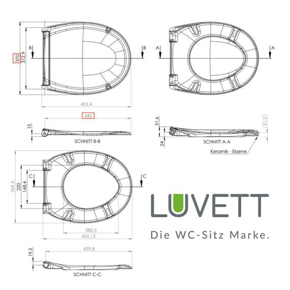 LUVETT® C770 Toilettendeckel mit Absenkautomatik Oval Weiß - SoftClose Klodeckel Abnehmbar - Klobrille aus Antibakteriellem Duroplast - WC Sitz 3in1 Befestigung Inkl. - Toilettensitz Made in EU