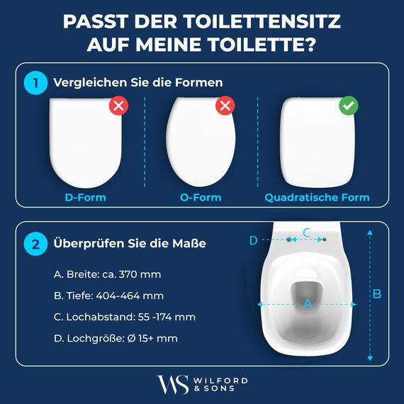 Wilford & Sons Premium WC Sitz eckig – Toilettendeckel mit Absenkautomatik rechteckig– passend für Keramag Renova Nr.1 – Klodeckel abnehmbar quadratisch- Toilettensitz viereckig – Klobrille robust