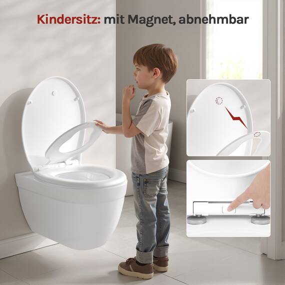 WOLTU Toilettensitz mit Kindersitz, Softclose Absenkautomatik, Fix-Clip Schnellbefestigung, Toilettendeckel Ovaler WC Sitz aus Kunststoff