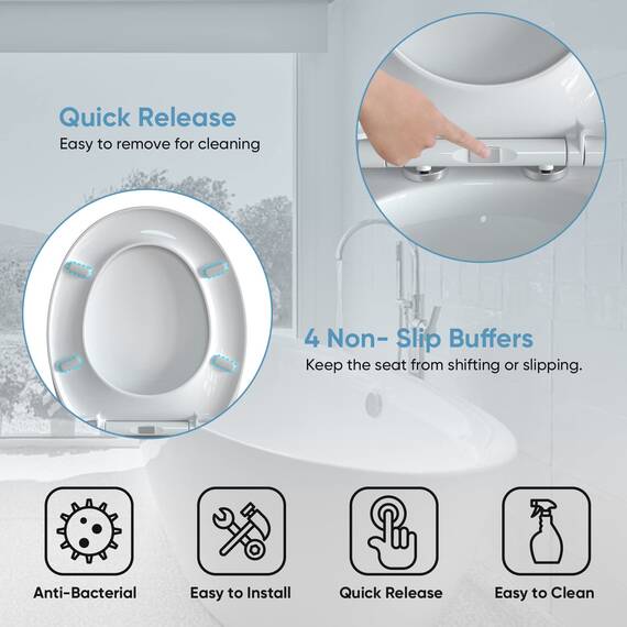 Toilettensitz, Soft Close Toilettensitze mit rutschfesten Sitzstoßstangen und Metallschrauben, passend für Standard-Rund-WC, Schnellverschluss, kein Slamme, Weiß - O Form