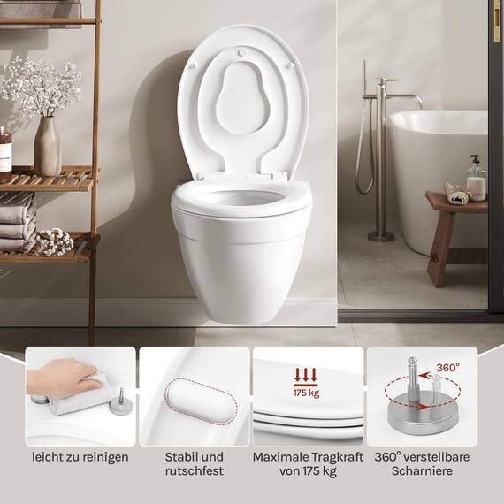 WOLTU Toilettensitz mit Kindersitz, Softclose Absenkautomatik, Fix-Clip Schnellbefestigung, Toilettendeckel Ovaler WC Sitz aus Kunststoff