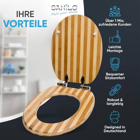 Sanilo WC Sitz mit Absenkautomatik, viele schöne Holz Toilettendeckel zur Auswahl, hochwertige und stabile Qualität (Bambus gestreift)