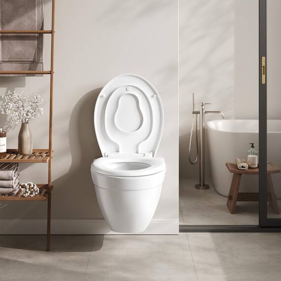 WOLTU Toilettensitz mit Kindersitz, Softclose Absenkautomatik, Fix-Clip Schnellbefestigung, Toilettendeckel Ovaler WC Sitz aus Kunststoff