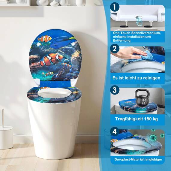 SINOBATH Design WC-Sitz mit Motiv, Soft-Close, Duroplast, Einfache Montage, Quick-Release, UV-beständig