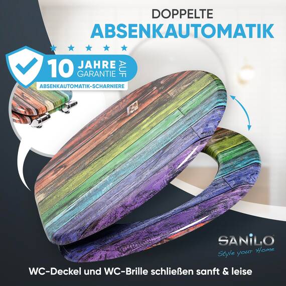 Sanilo WC Sitz mit Absenkautomatik, viele schöne Holz Toilettendeckel zur Auswahl, hochwertige und stabile Qualität (Rainbow)