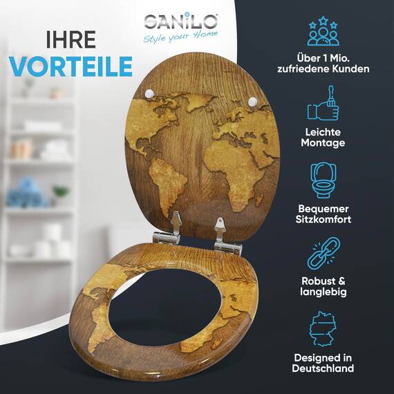 Sanilo WC Sitz mit Absenkautomatik, viele schöne Holz Toilettendeckel zur Auswahl, hochwertige und stabile Qualität (World Map)
