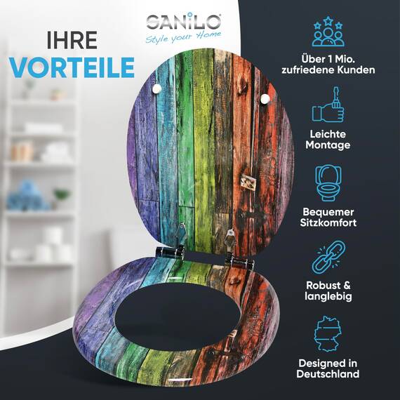 Sanilo WC Sitz mit Absenkautomatik, viele schöne Holz Toilettendeckel zur Auswahl, hochwertige und stabile Qualität (Rainbow)