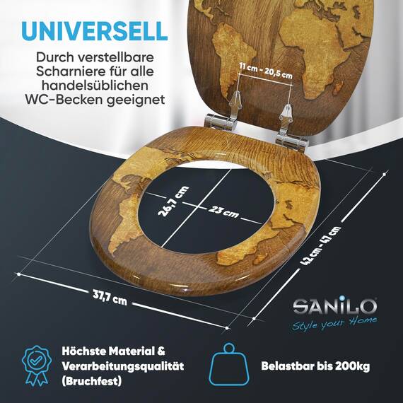 Sanilo WC Sitz mit Absenkautomatik, viele schöne Holz Toilettendeckel zur Auswahl, hochwertige und stabile Qualität (World Map)