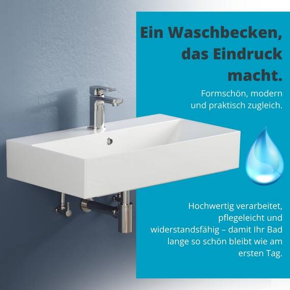 Aqua Bagno Waschbecken 70 cm eckig, Aufsatzwaschbecken mit Hahnloch & Überlauf, modernes Waschbecken Bad aus Keramik, weiß Hochglanz, dünner Rand, wandhängender Waschtisch für Badezimmer