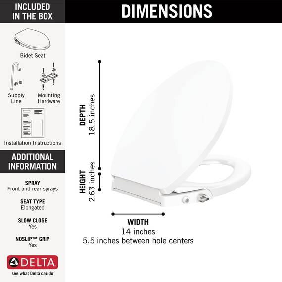 Delta – Wasserhahn erfrischender länglicher Bidet Toilettensitz, Bidethalterung für Toilette, längliches Toiletten-Bidet, länglicher Toilettensitz, Bidetspray, Toilettenwasser-Spray, weiß 833004-WH