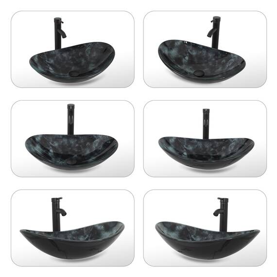 YU YUSING Waschbecken Glas Aufsatzwaschbecken Oval mit Wasserhahn Set, Waschtisch für Badezimmer Küche Gäste WC, Modern Dunkelgraue Textur, 53x35x15,5 cm