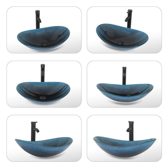 YU YUSING Waschbecken Glas Aufsatzwaschbecken Waschtisch, Oval Hand Waschschale mit Wasserhahn Set, Waschplätze für Badezimmer Küche Gäste WC, Modern Dunkelblau
